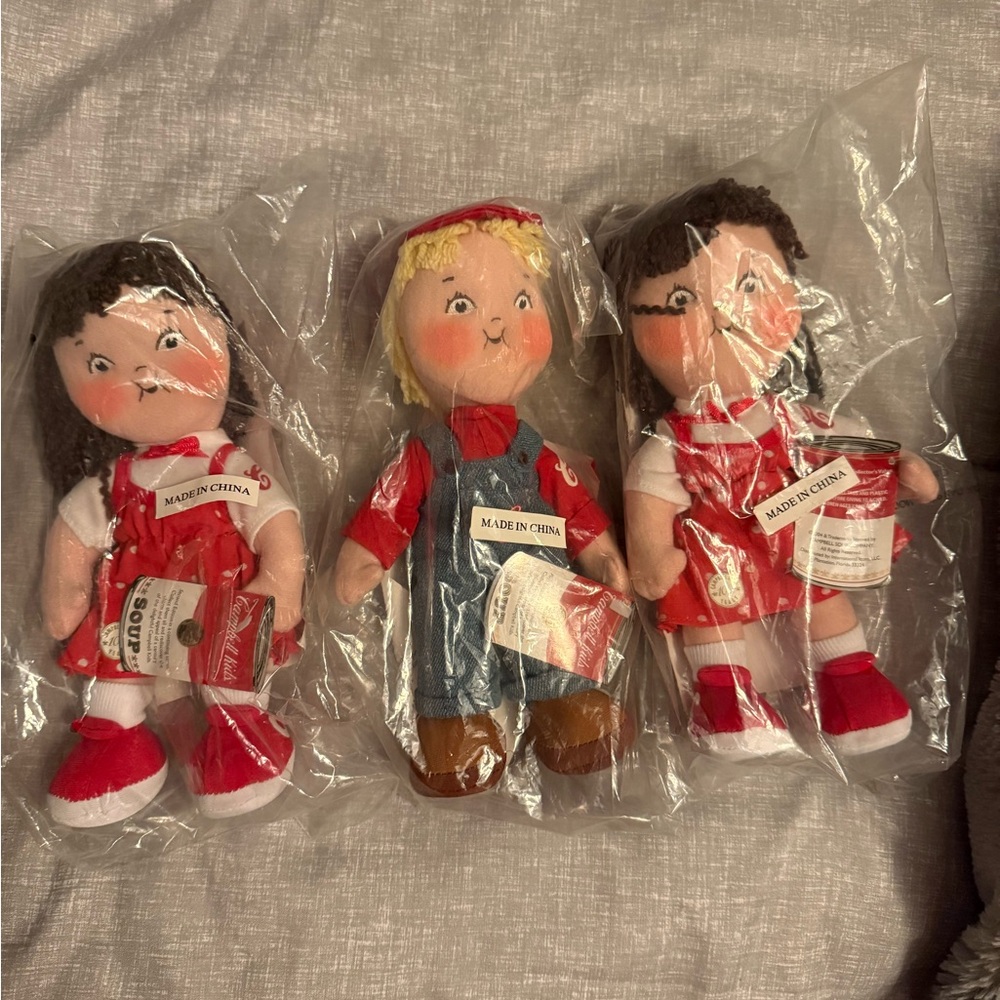 Vintage Charming Trio of Plush Dolls with Red and Blue Outfits
